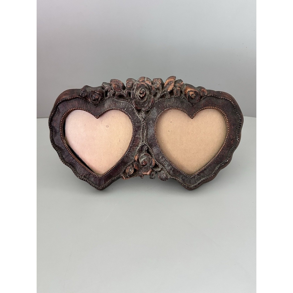 Vintage 7" Long Picture Frame Wood Carved Look - Rose Flower Double Heart Shape - Picture 1 of 8